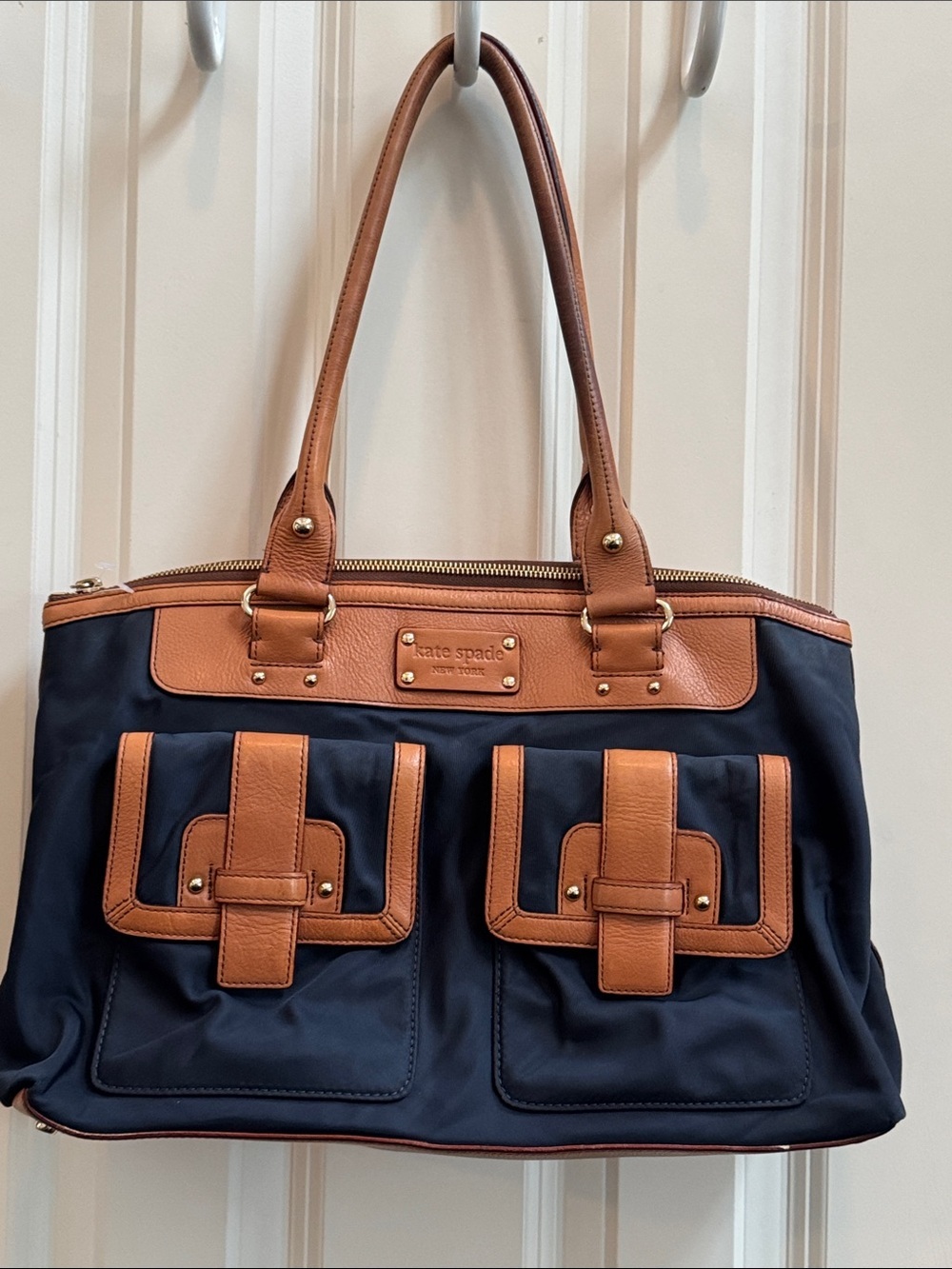 kate spade navy and tan leather‑trim tote